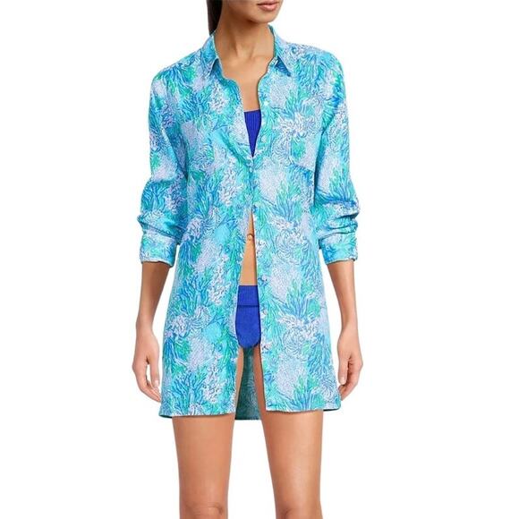 LILLY PULITZER Lagoon Linen Cover-Up Shirt Dress Women S Oversize Beach Resort - Picture 1 of 16